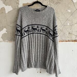 Vtg Nordic Reindeer Sweater Wool Blend Gray Ribbed Knit Mens XL USA Made Holiday